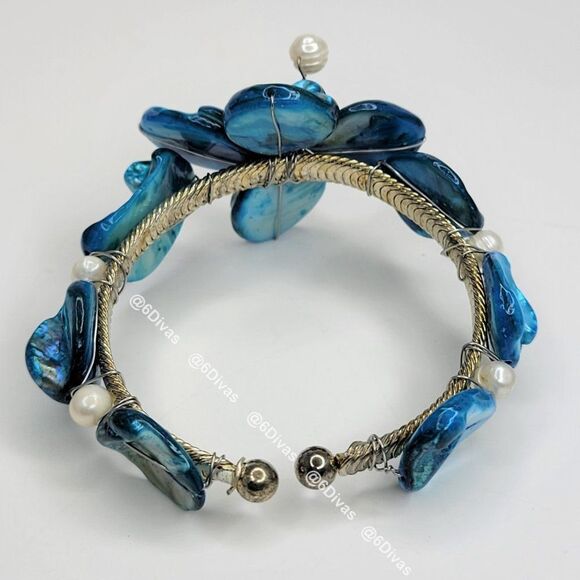 BLUE Sea Shell and Pearl Adjustable Cuff Bracelet - Picture 3 of 9